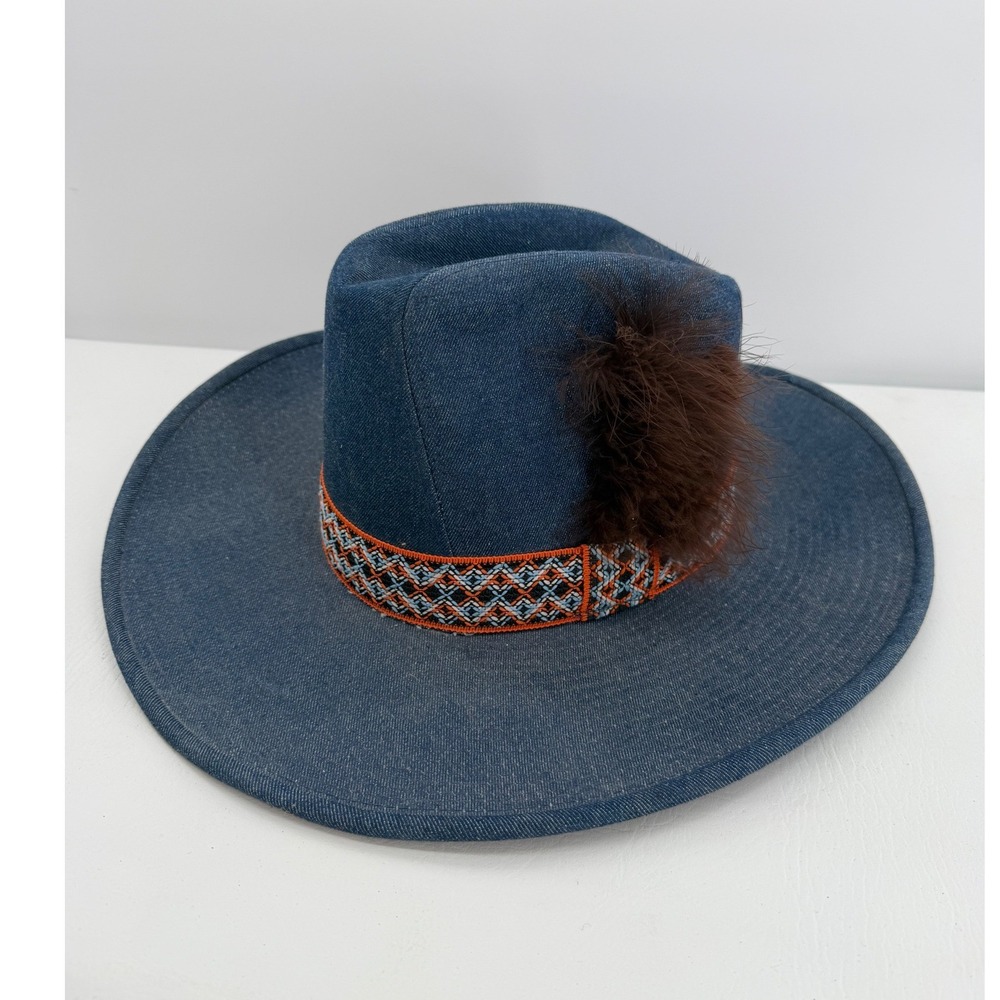 YA Denim Cowboy Hat Embroidered Band Western Feather Sz 7 1/4- 7 3/4 Vintage